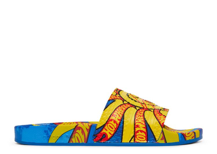 Adidas Adilette Slides Sean Wotherspoon x Hot Wheels in blue and yellow with a sun motif