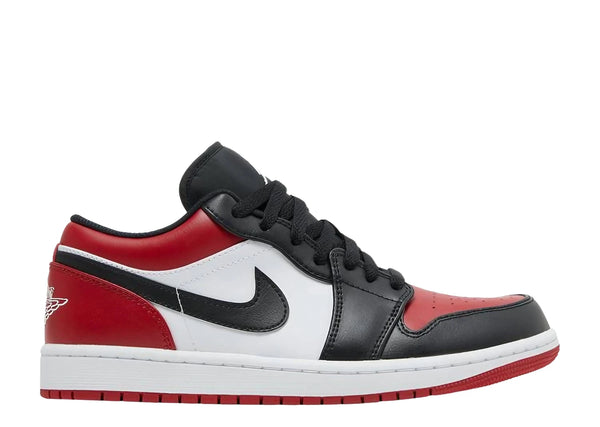 Air Jordan 1 Low Bred Toe in red, white, and black color scheme