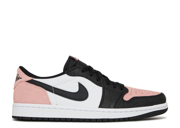 Detailed shot of the Jordan 1 Low OG in Bleached Coral, emphasizing its unique design features