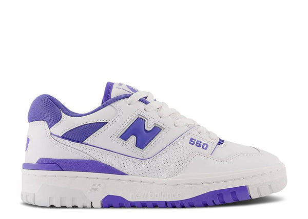 Side view of the New Balance 550 Aura Purple women's shoe in white and purple