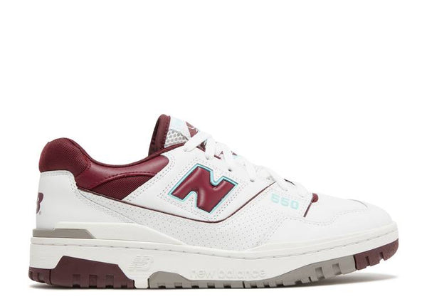 Side view of New Balance 550 Burgundy Cyan sneakers