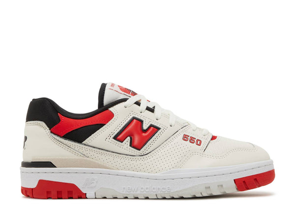 Side view of New Balance 550 Sea Salt True Red shoe in white and red
