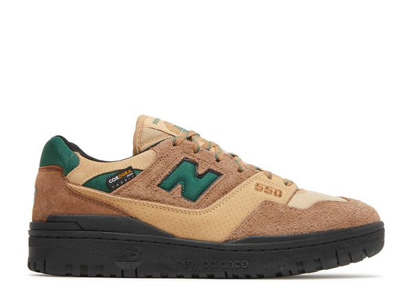 Suede texture detail on New Balance 550 Cordura Pack in light brown and green