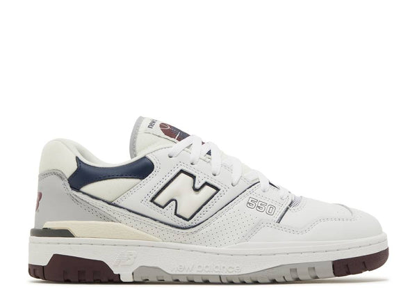 New Balance 550 sneakers in white, natural indigo, and burgundy